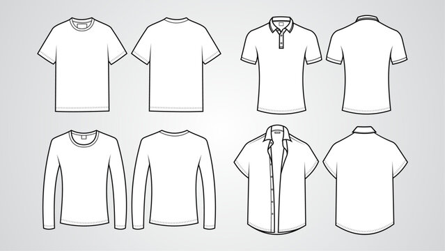 T-shirt mockups. Collection of technical models of t-shirts, long sleeves, polo collars and open shirts seen from the front and back. Isolated vector illustration