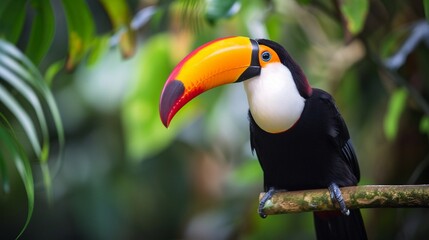 A stunningly colorful toucan in a tropical rainforest