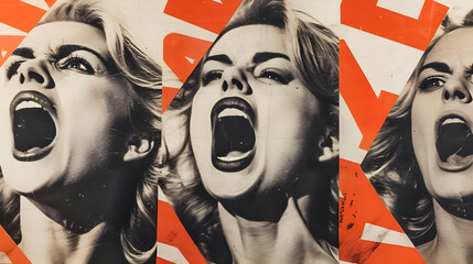 Creative retro collage style poster of a woman screaming. Portrait of a blonde woman. Propaganda...