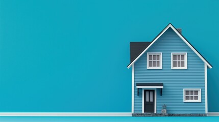 Small Model of Blue House, Plain Blue Background, Space for Copy Text, Real Estate or Insurance Advert Mockup