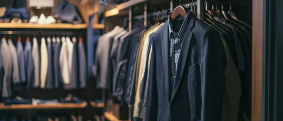 Elegance in retail, a fine selection of men's suits and a plaid shirt on a mannequin in a boutique