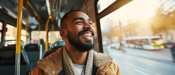 A man enjoys his commute with a contented smile, finding joy in the simplicity of a city bus ride - obrazy, fototapety, plakaty