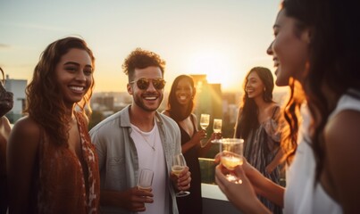 diverse group of young professionals are enjoying a casual rooftop party. In each hand holding a white glass, the hands are beautiful At sunset, the concept of socializing in the city