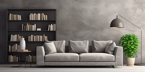 Grey sofa, pillows, and bookshelf in living space.
