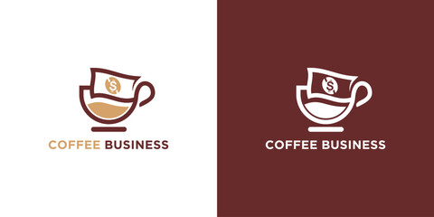 coffee cup logo in line style, simple coffee logo vector with money icon combination for ready-to-drink coffee sales business