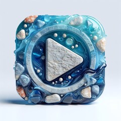 Play button made of Raw Stone blend with blue glass. AI generated illustration