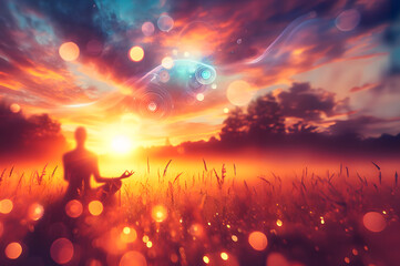 Fototapeta premium Meditation, landscape and man sitting on mountain top for mindfulness and spirituality. 