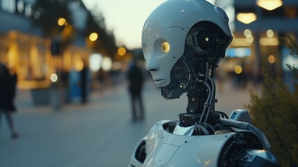 Fototapeta premium White Robot with Yellow Eyes Stands in Street at Dusk, A.I. Technology
