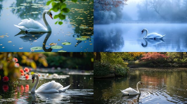 A tranquil pond with a graceful swan swimming peacefully