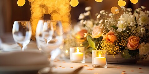 Table with flowers and lights, selective focus. Party setting for various occasions.