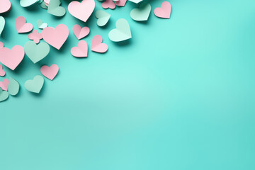 A vibrant assortment of pink and green hearts arranged on a captivating blue background.