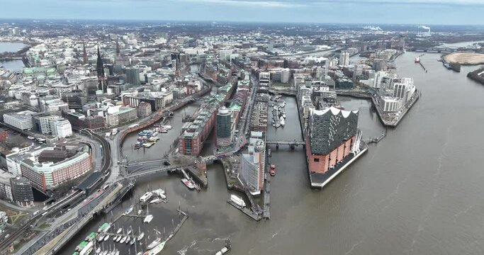 Hamburg urban city view, concert hall at the Elbe river. Landmarks and residential area. Germany. Birds eye view.