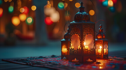 aesthetic with the expression 'Ramadan Mubarak,' surrounded by the warm glow of traditional lanterns, symbolizing the welcoming spirit of the month