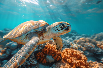 Fototapeta premium A turtle navigating through a pristine coral reef, highlighting the diversity and beauty of marine ecosystems. Concept of underwater exploration. Generative Ai.