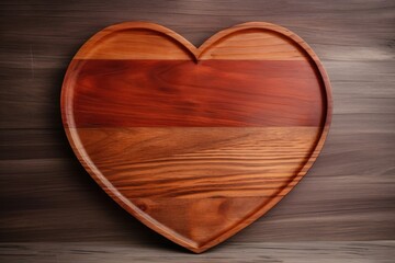A heart shaped wooden cutting board rests on a wooden surface, creating a rustic and functional kitchen scene.