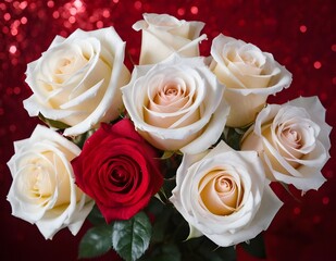 Beautiful red and white roses on sparkling red background