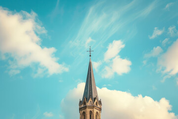 Church spire against the sky, a spiritual architectural scene featuring the spire of a church against the sky.