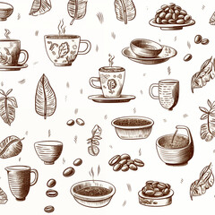 Vector illustration of a cozy coffee-themed seamless pattern with a variety of cups, perfect for cafe and beverage design projects