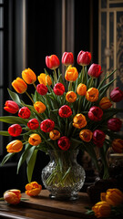 Bouquet of tulips in an antique vase on a dark background