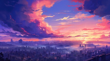 A stunning cityscape with buildings illuminated by the warm colors of a vibrant sunset.