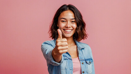 young woman with a radiant smile doing thumbs up
