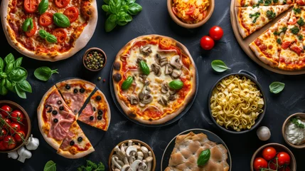 Foto op Canvas Gourmet pizza selection. Different types of pizzas. Italian cuisine. Variety of pizzas on a wooden board. Top view. Various taste type pizza slices with different traditional filling. menu, dieting,  © Nataliia_Trushchenko