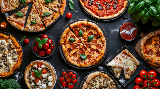 Gourmet pizza selection. Different types of pizzas. Italian cuisine. Variety of pizzas on a wooden board. Top view. Various taste type pizza slices with different traditional filling. menu, dieting, 