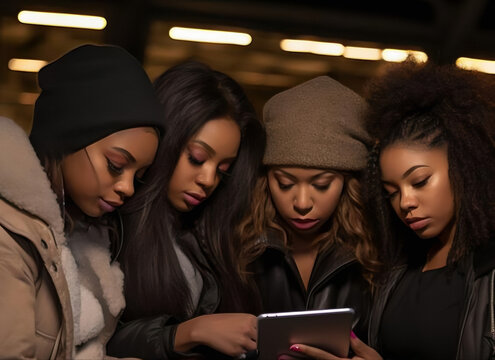 Quatro lindas garotas negras olhando um tablet 