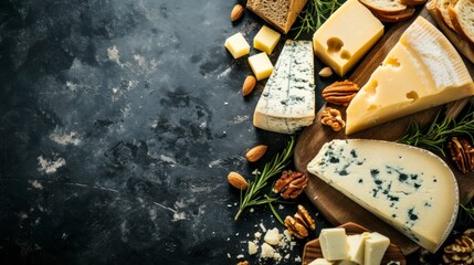 delicious cheese board with a lot of variety with space for text, copy space with good lighting in high resolution and quality - obrazy, fototapety, plakaty