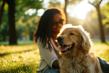 A woman enjoys a blissful moment with her golden retriever in the park, their bond illuminated by the warm glow of the setting sun.