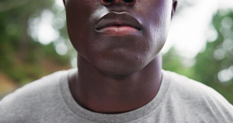 Sweat, breathing and mouth of a fitness man with exercise, training and workout with break outdoor. Tired, health and wellness of a male athlete with face, sport and fatigue from race of a runner