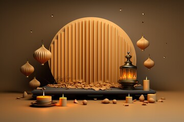 minimalistic design 3D illustration of podium stage scene with Indian Diwali Diya oil lamp and paper graphic