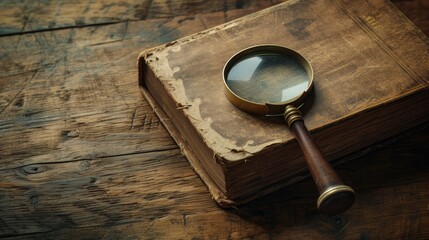vintage book and magnifying glass on a wooden background. Perfect for stock visuals that convey the nostalgia and intellectual charm of literary exploration.