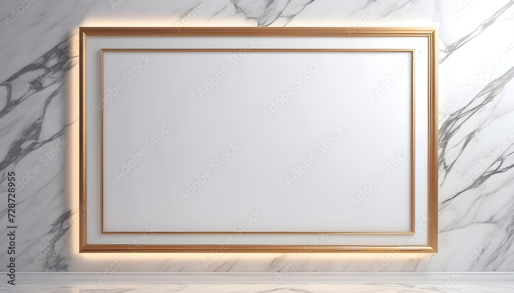 Wall mural huge white and wood frame on white marble wall background, led lights behind it