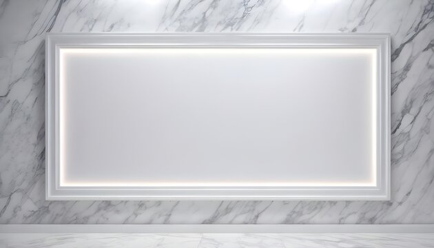 Wide rectangular empty white frame with perimetral led light, on white marble wall, spotlight above it