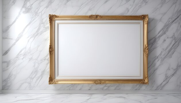 Empty white and wood frame on white marble wall and floor 