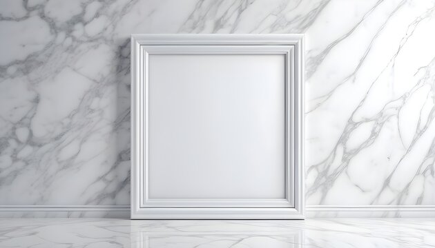 Square white frame on white marble wall and floor room