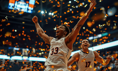 Basketball players celebrating their win in a championship - arena with a big crowd and raining gold confetti