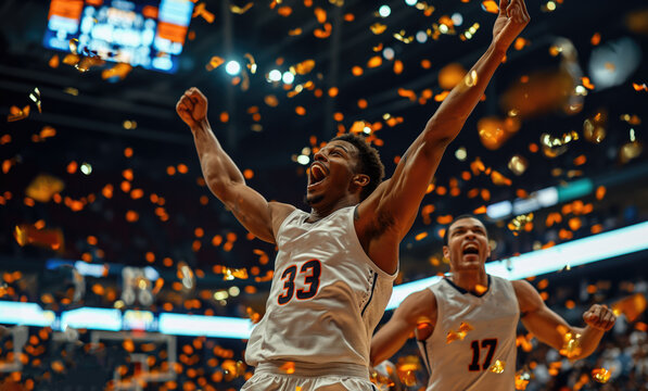 Basketball players celebrating their win in a championship - arena with a big crowd and raining gold confetti