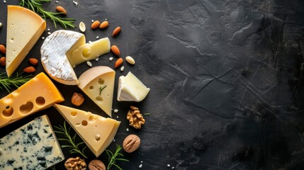 Naklejka na ściany i meble delicious cheese board with lots of variety with space for text,copy space
