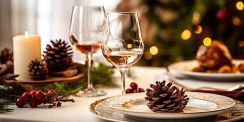 Obraz na płótnie Canvas Christmas and New Year dinner served on decorated table in living room with linen napkin, holders, pine cones, wine glass, old-fashioned natural colored decor.