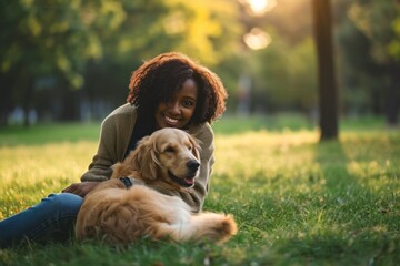 A beaming woman and her golden retriever share a loving embrace, surrounded by the soft, golden hues of a sunlit park.