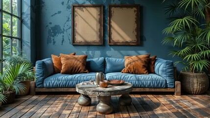Two Mockup Poster Frames - Rustic Coffee Table Near Sky Blue Sofa with Brown Pillows Against Wall, Boho Ethnic Home Interior Design of Modern Living Room