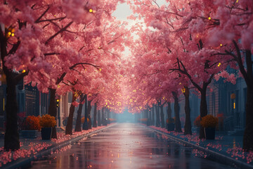 Blossoming cherry trees lining the streets, painting the urban landscape with hues of pink and white. Concept of urban spring beauty. Generative Ai. - Powered by Adobe