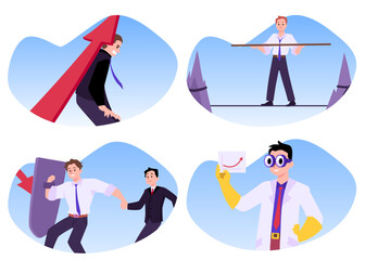 Set of office people solving work problems flat style, vector illustration