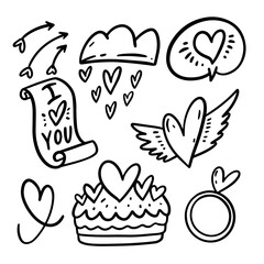 Hand drawn sketch art doodle Valentine love holiday elements set.