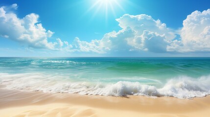 Fototapeta na wymiar Clean sunny summer beach background. A horizontal banner with a summer ocean, sea, sun, clouds, waves.