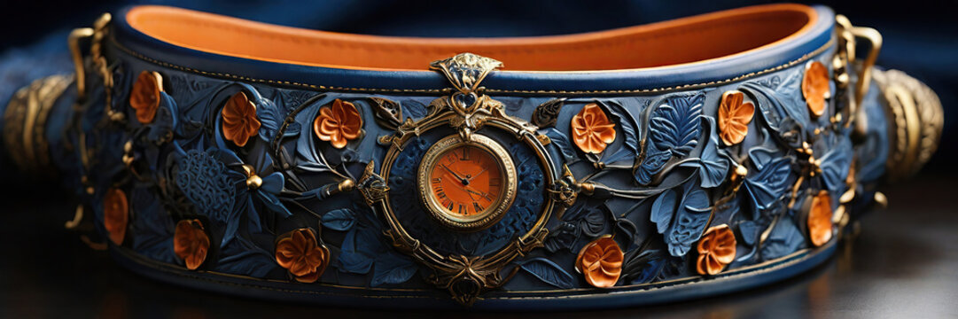 luxury women's belt with watch made of orange and blue leather.