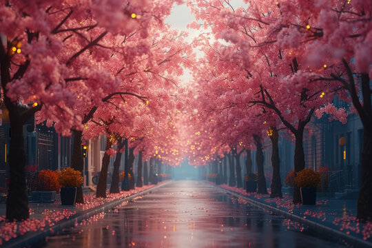 Blossoming cherry trees lining the streets, painting the urban landscape with hues of pink and white. Concept of urban spring beauty. Generative Ai.