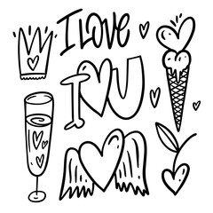 Black color line art style Valentines day holiday set elements.